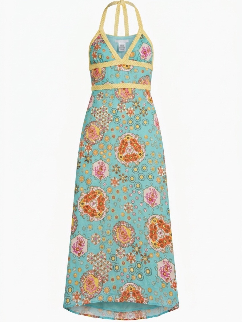 Boho Halter Maxi Dress in Aqua with Yellow Trim